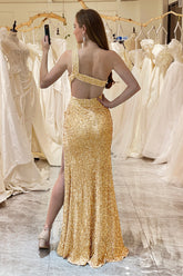 Golden Prom Dress Sequined Mermaid One Shoulder Long Evening Dress With Slit